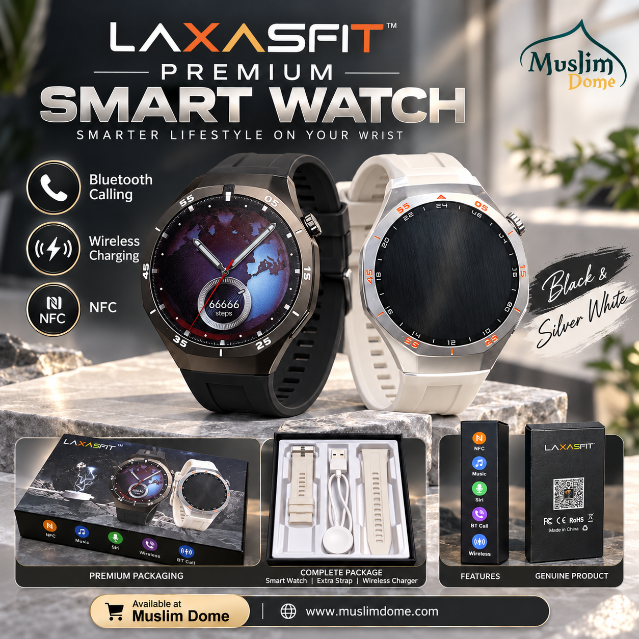 LAXASFIT Premium Round Smart Watch – Bluetooth Call, NFC, Siri & Health Monitoring | 2 Colors thumbnail 2