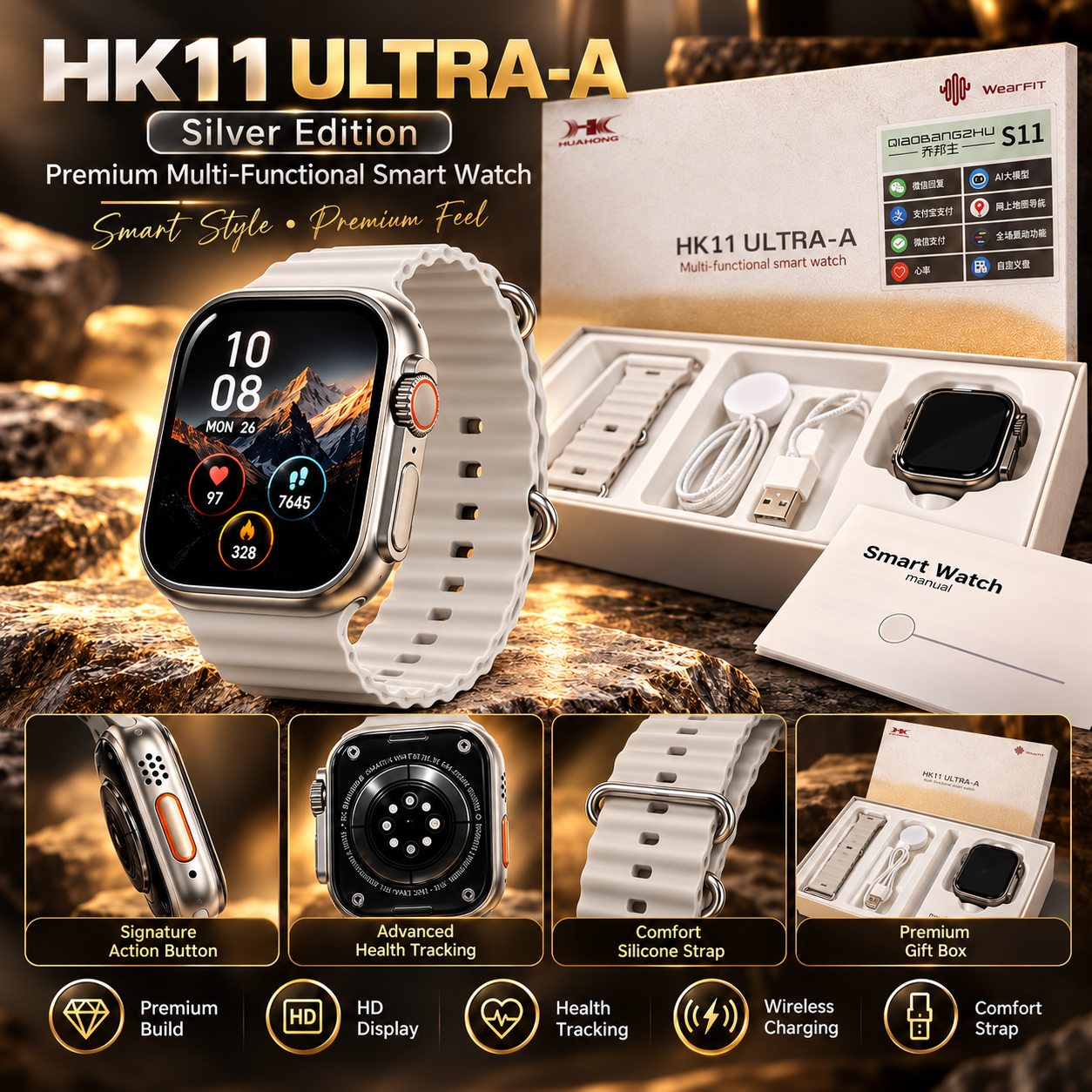 HK11 ULTRA-A Smart Watch – Bluetooth Calling, Health Monitoring & Wireless Charging | 2 Colors thumbnail 3