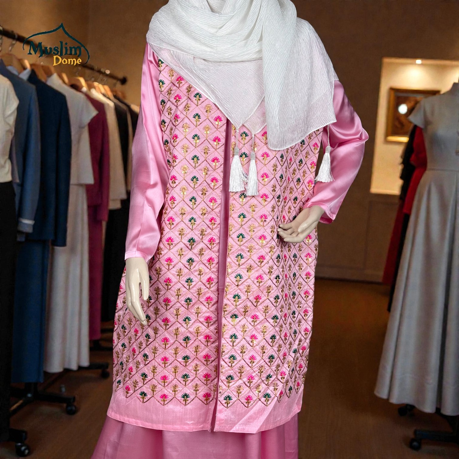 লং ড্রেস with Sleeveless Koti | Samu Silk Long Dress | Remi Cotton Koti | Multicolor Embroidery & Sequence | Front Side Open | Pink | Free Size thumbnail 2