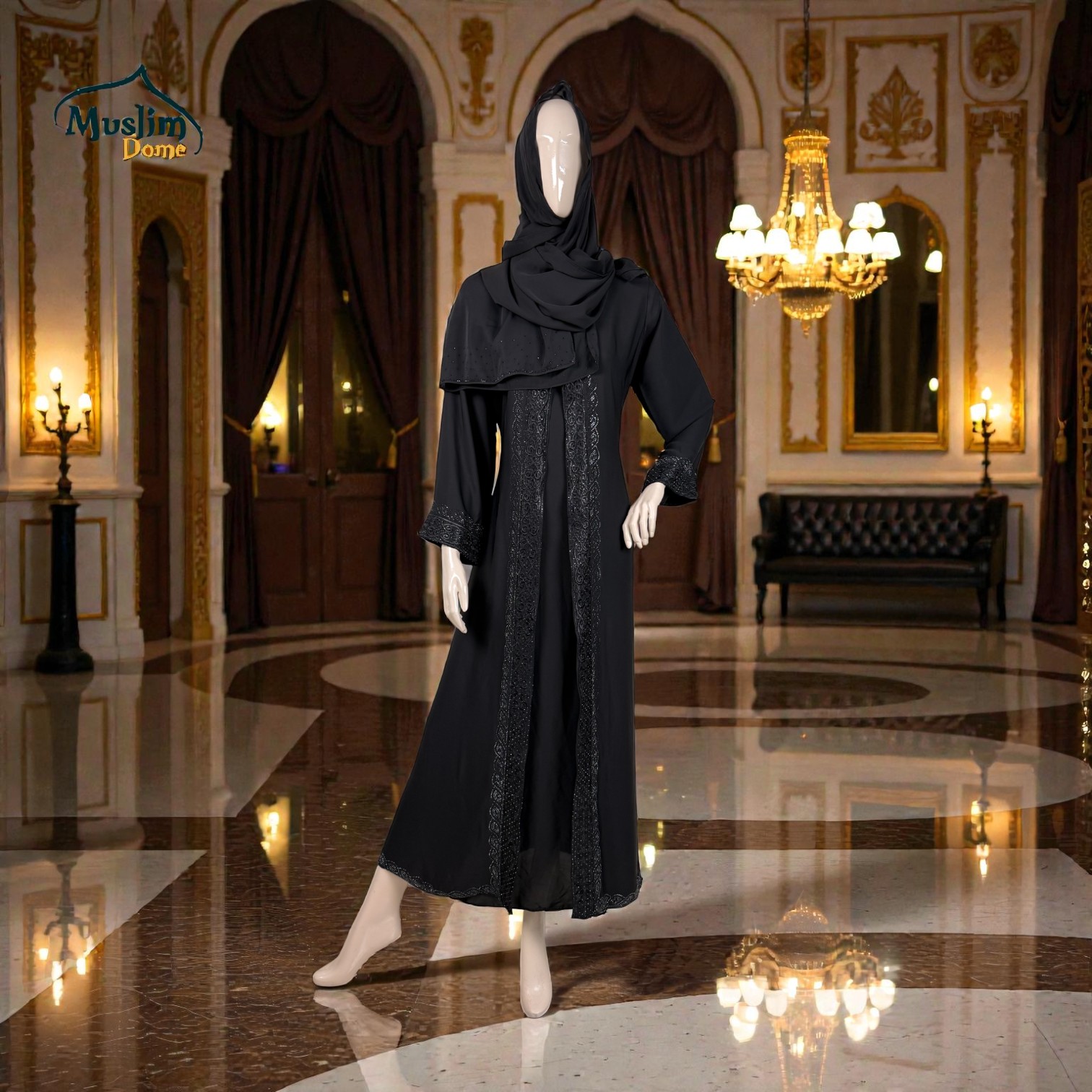 প্রিমিয়াম বোরখা | With Scarf – Dubai Cherry Fabric, Front Side Open, Adjustable Belt সহ, Koti Design | Color: Black