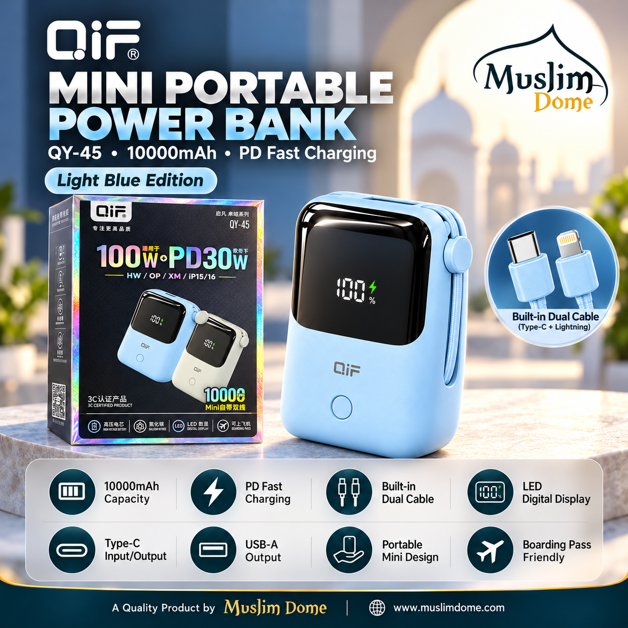 QIF QY-45 Mini Power Bank 10000mAh – Built-in Dual Cable thumbnail 2