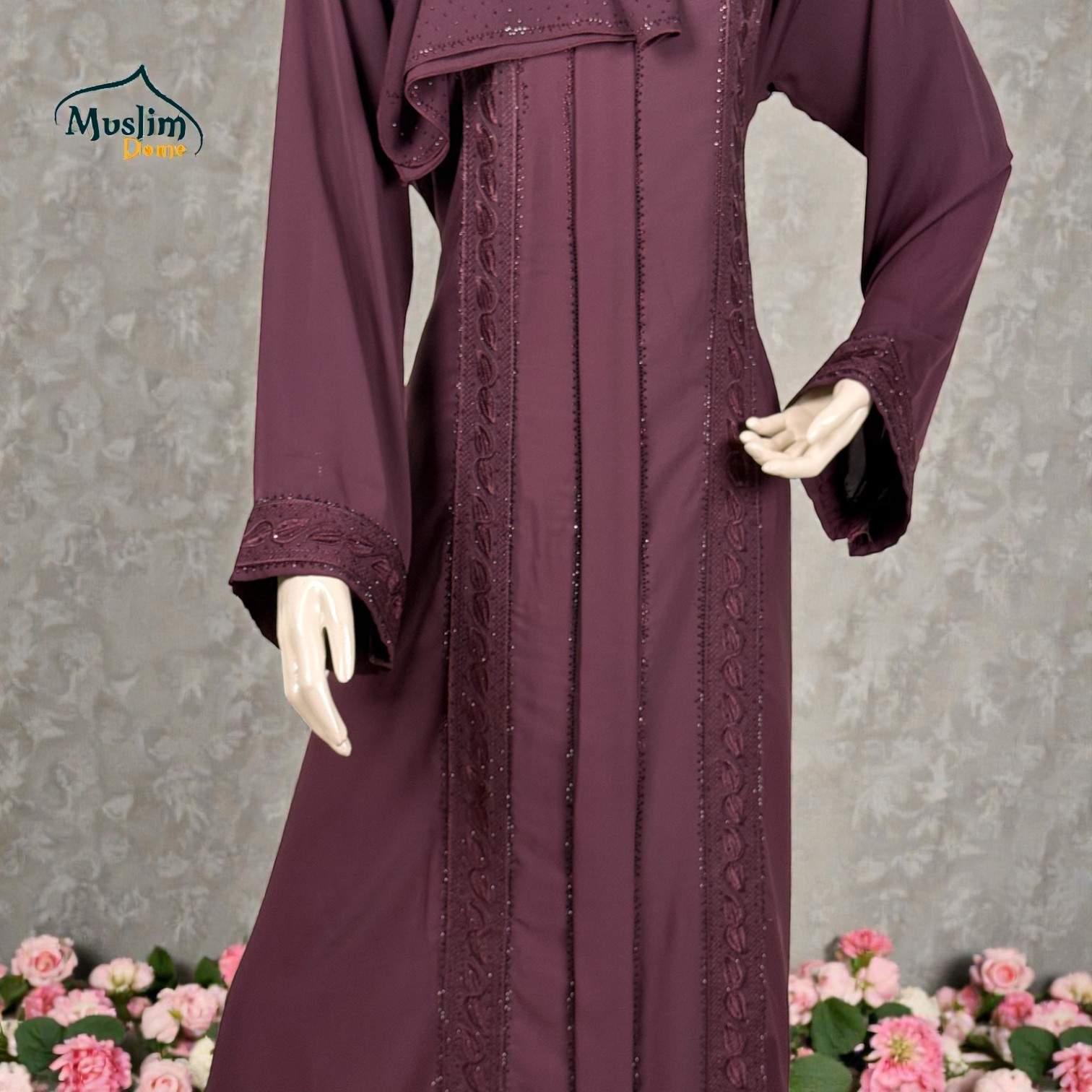 প্রিমিয়াম বোরখা | With Scarf – Dubai Cherry Fabric, Adjustable Belt সহ, Regulate Fit | Embroidery & Stone Design | Color: Maroon thumbnail 2