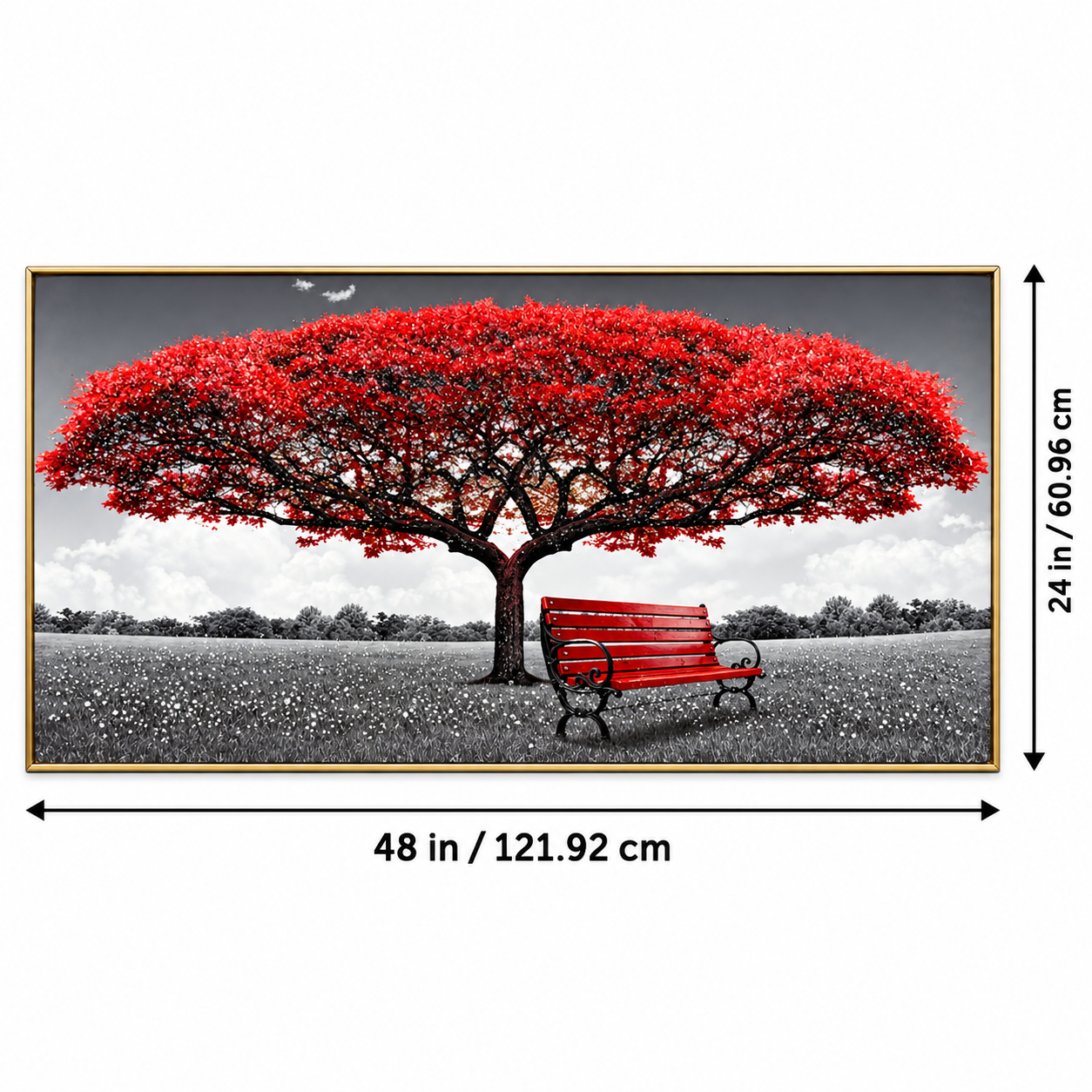 Red Tree & Bench Wall Art – Premium Crystal Acrylic Wall Frame | 48" × 24" thumbnail 2