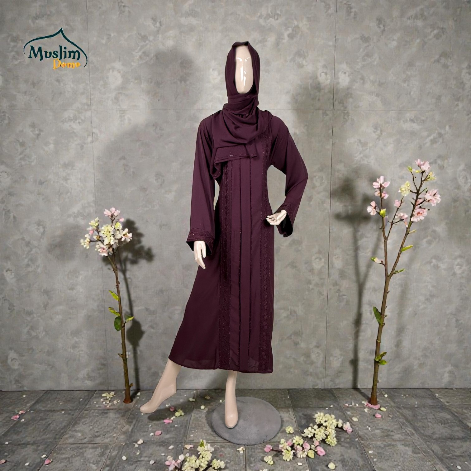 প্রিমিয়াম বোরখা | With Scarf – Dubai Cherry Fabric, Adjustable Belt সহ, Regulate Fit | Embroidery & Stone Design | Color: Maroon