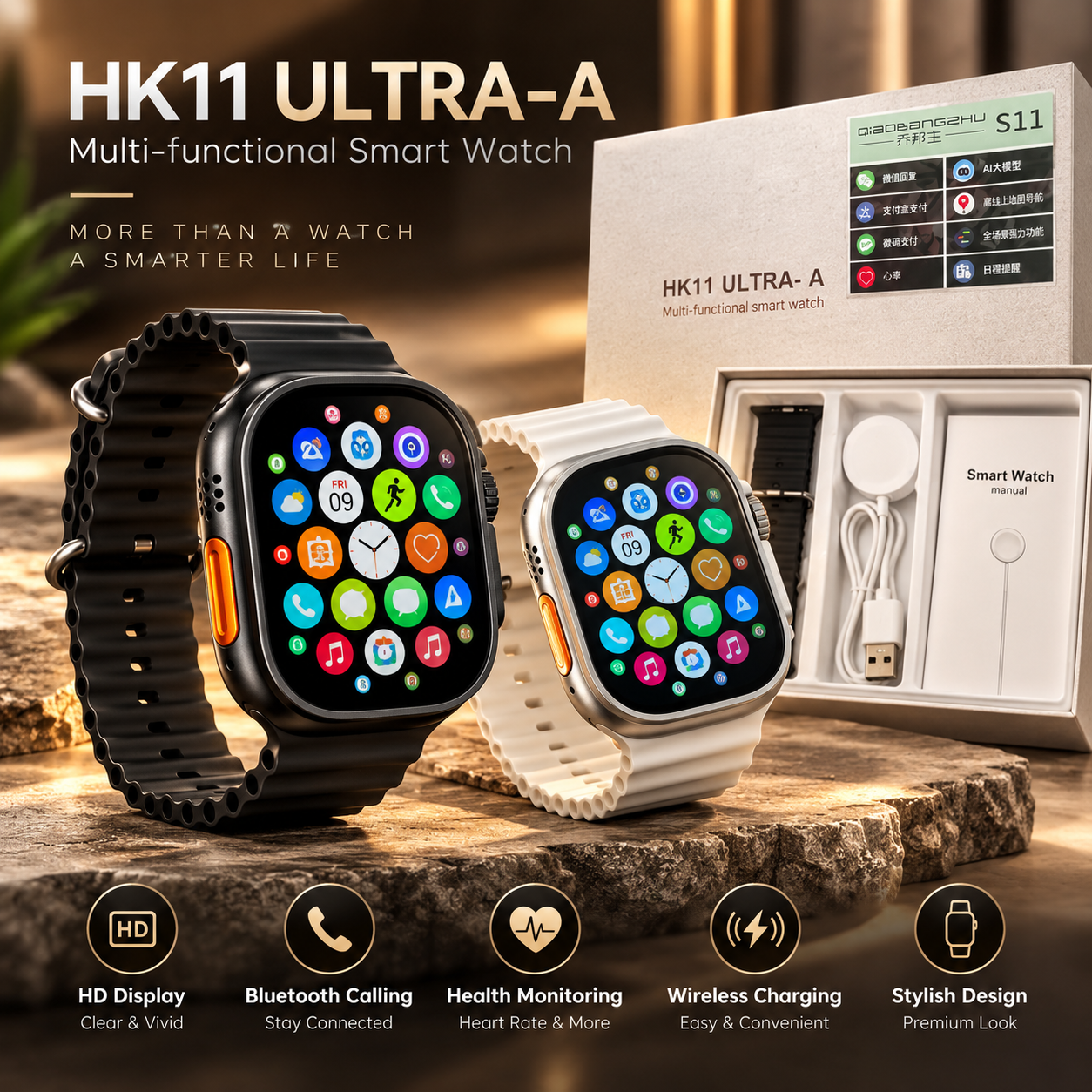 HK11 ULTRA-A Smart Watch – Bluetooth Calling, Health Monitoring & Wireless Charging | 2 Colors