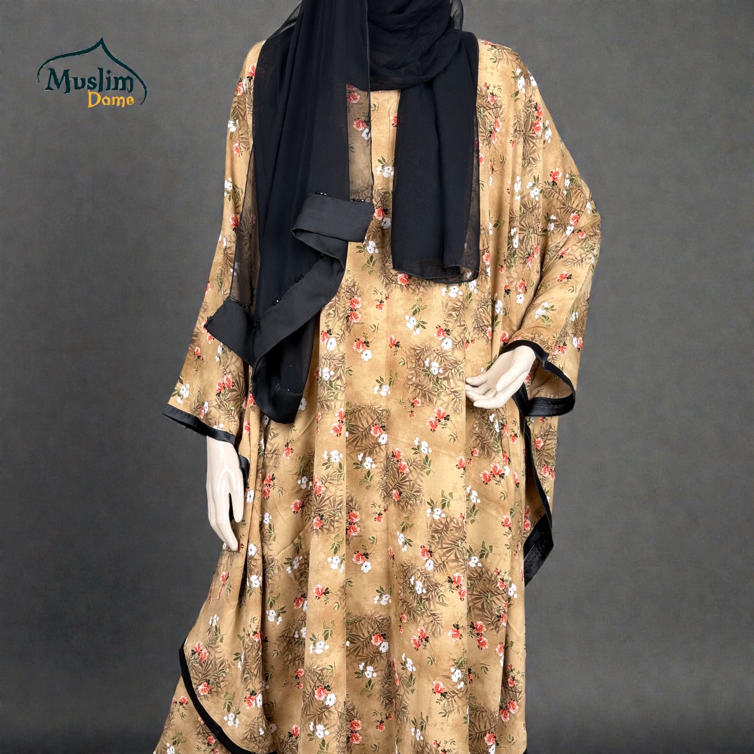 লং আবায়া Floral Print | Long Abaya | Elegant Floral Design | Size 50, 52, 54, 56 | Color: Black, Biscuit thumbnail 4
