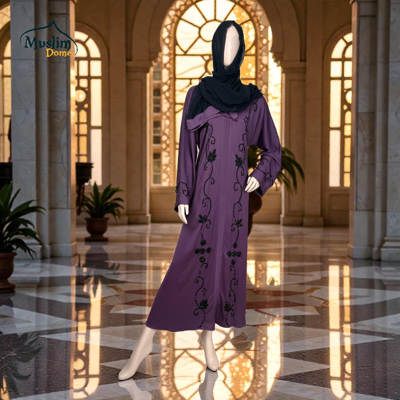 প্রিমিয়াম বোরখা with Scarf | Joom Fabric & Stone Design | Color- Black/ Purple