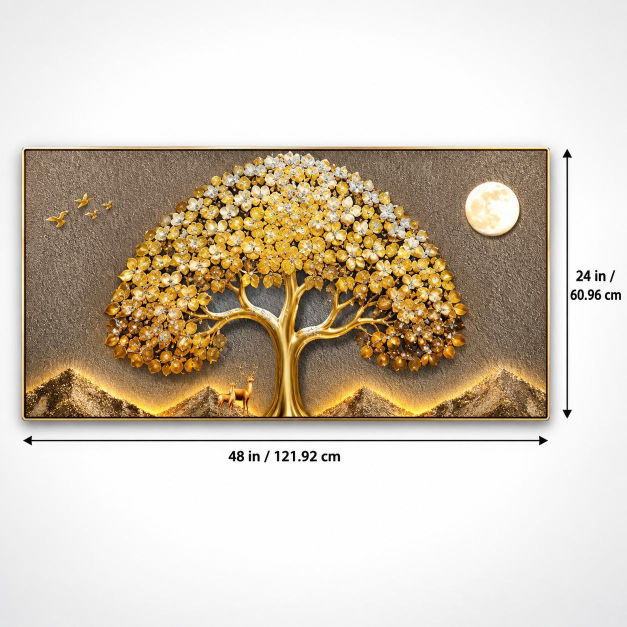 Golden Crystal Tree & Moon Wall Art – Premium Crystal Acrylic Wall Frame | 48" × 24" thumbnail 2