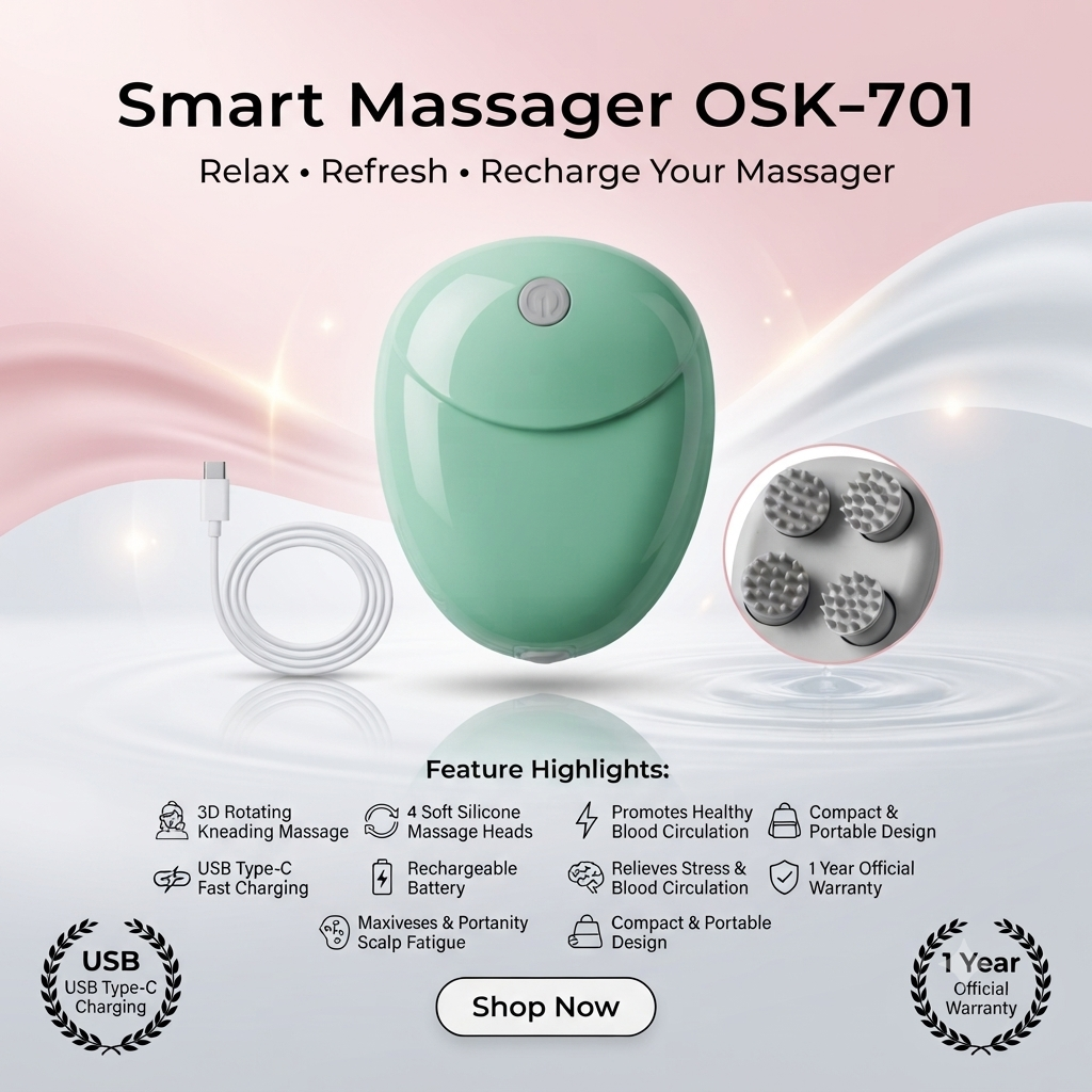 Smart Massager Rechargeable Electric Head Massager OSK-701 | 3D Scalp Massage | 1 Year Warranty thumbnail 3