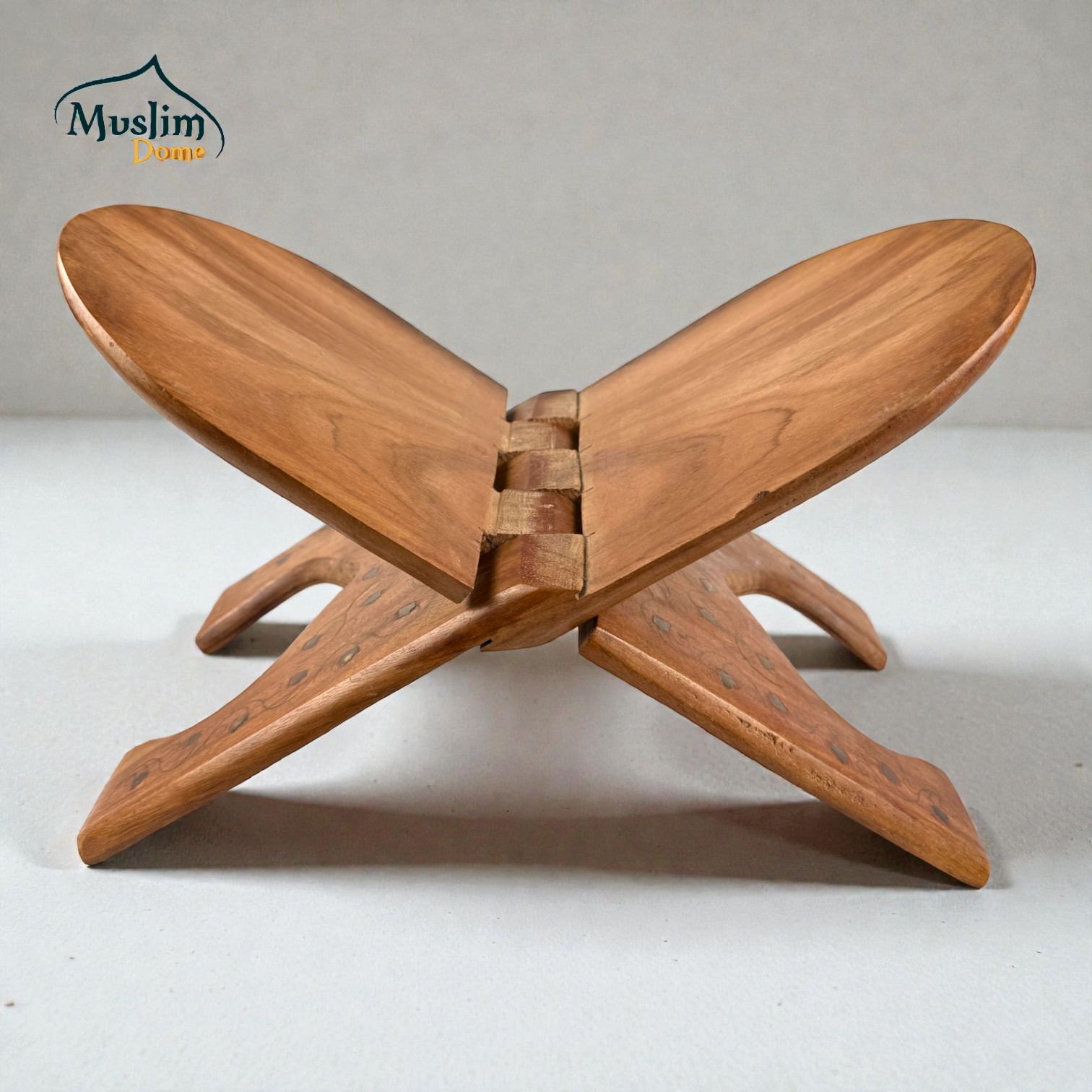 Rehal with Metallic Design (কাঠের রেহাল) – Round Shape। Small Size – Foldable Quran Reading Stand | Mahogany Wood