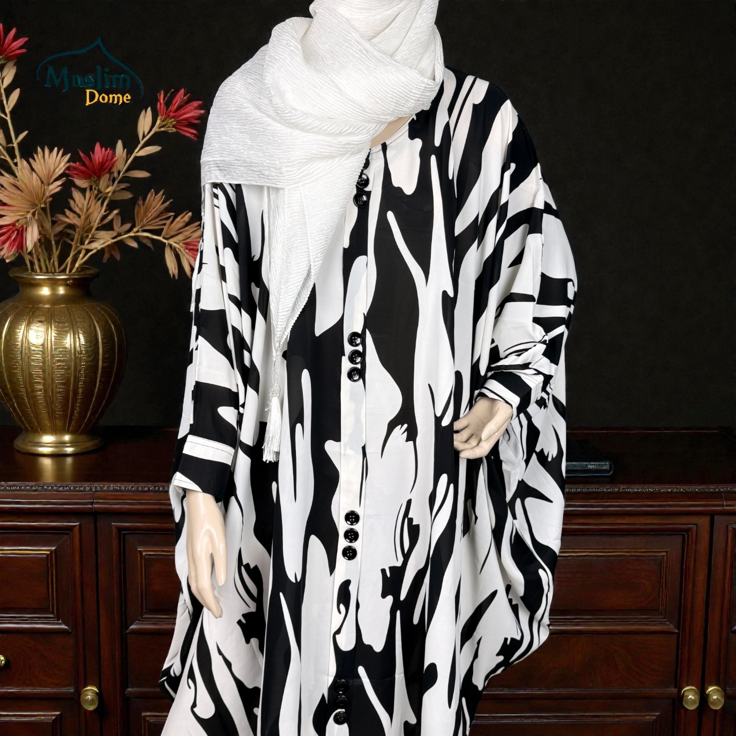 Short Abaya – Black & White Print | প্রিমিয়াম Dubai Cherry Fabric | Free Size | Stylish Modest Wear thumbnail 2