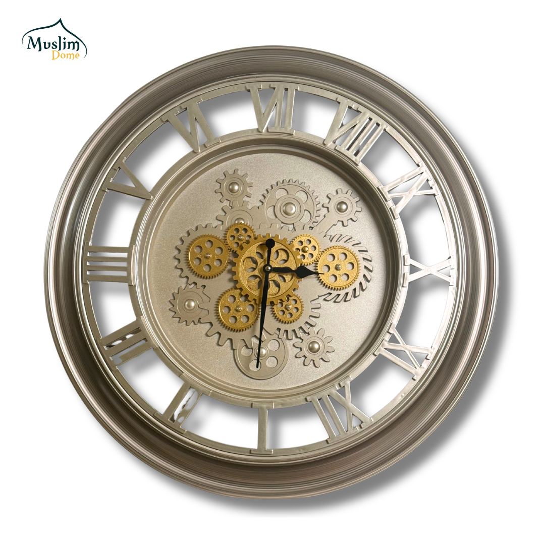 প্রিমিয়াম ভিনটেজ ওয়াল ক্লক – ৩০ ইঞ্চি Roman Number & Gear Design | Antique Silver & Gold