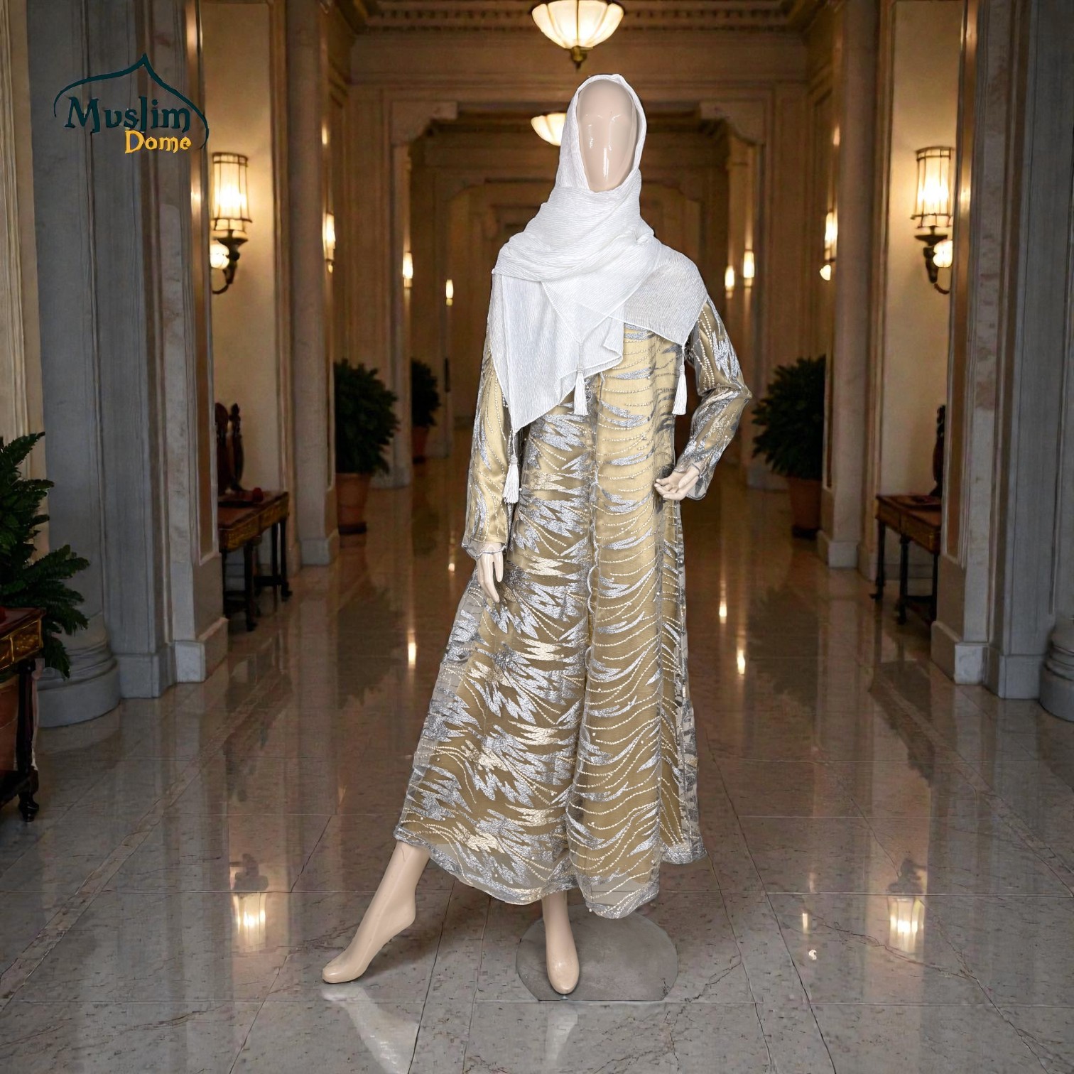 লং ড্রেস উইথ কটি | Long Dress with Net Koti – Golden & Ash Embroidery | Samu Silk Fabric