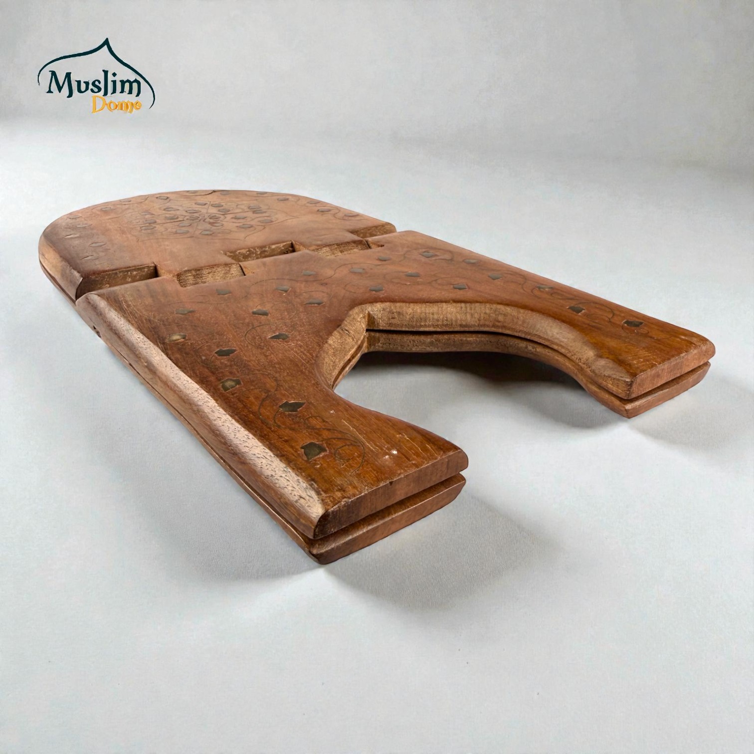 Rehal with Metallic Design (কাঠের রেহাল) – Round Shape। Small Size – Foldable Quran Reading Stand | Mahogany Wood thumbnail 4