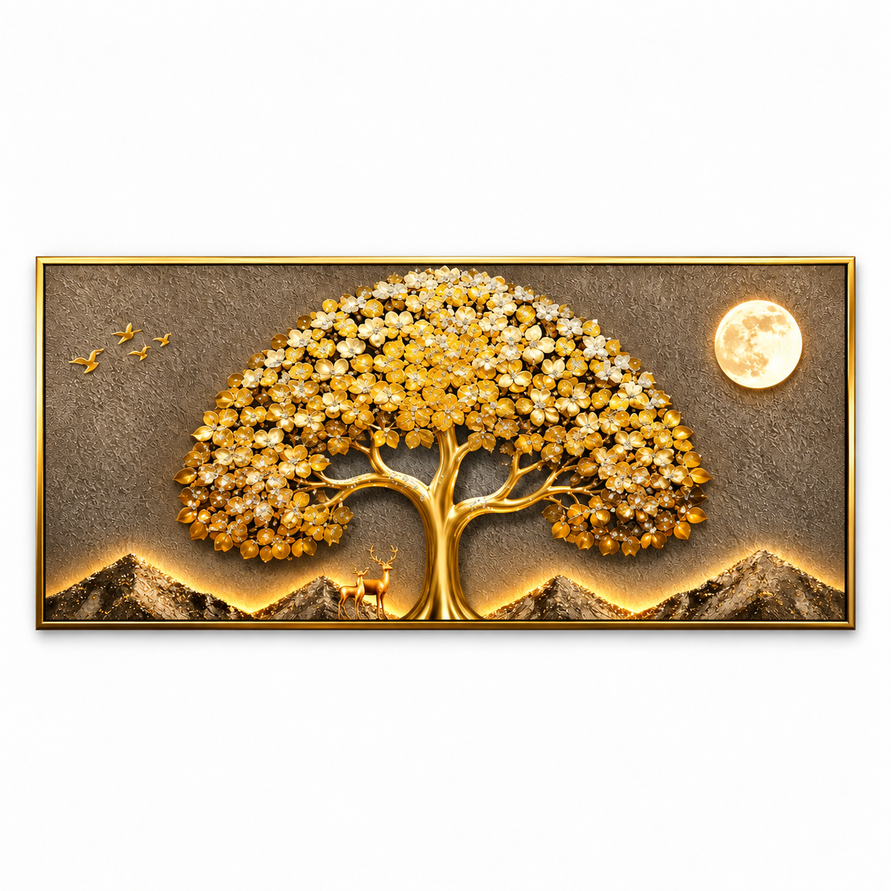 Golden Crystal Tree & Moon Wall Art – Premium Crystal Acrylic Wall Frame | 48" × 24"