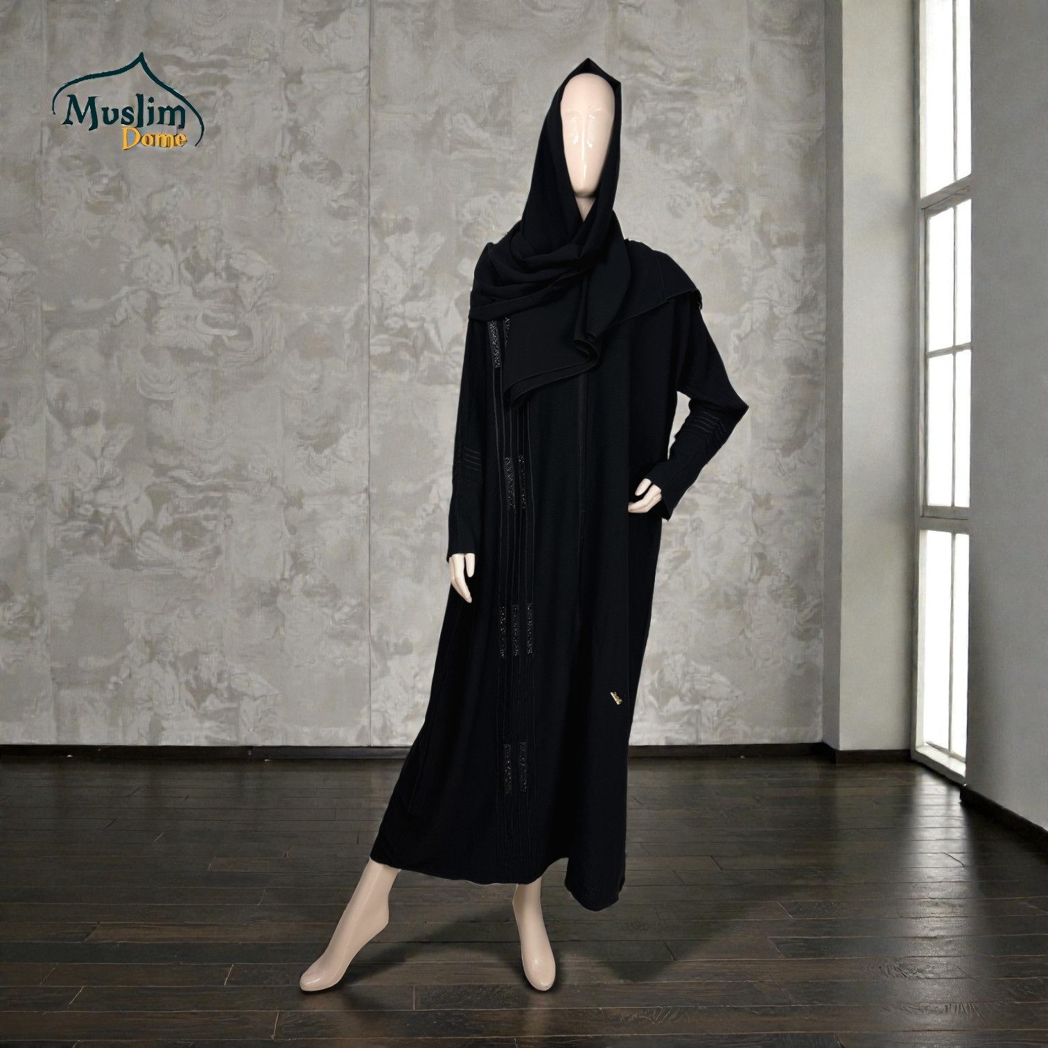 প্রিমিয়াম Arabian বোরখা with Scarf | Imported Joom Fabric | Stone & Piping Design | 2-in-1 Koti/Borkha | Free Size | Black