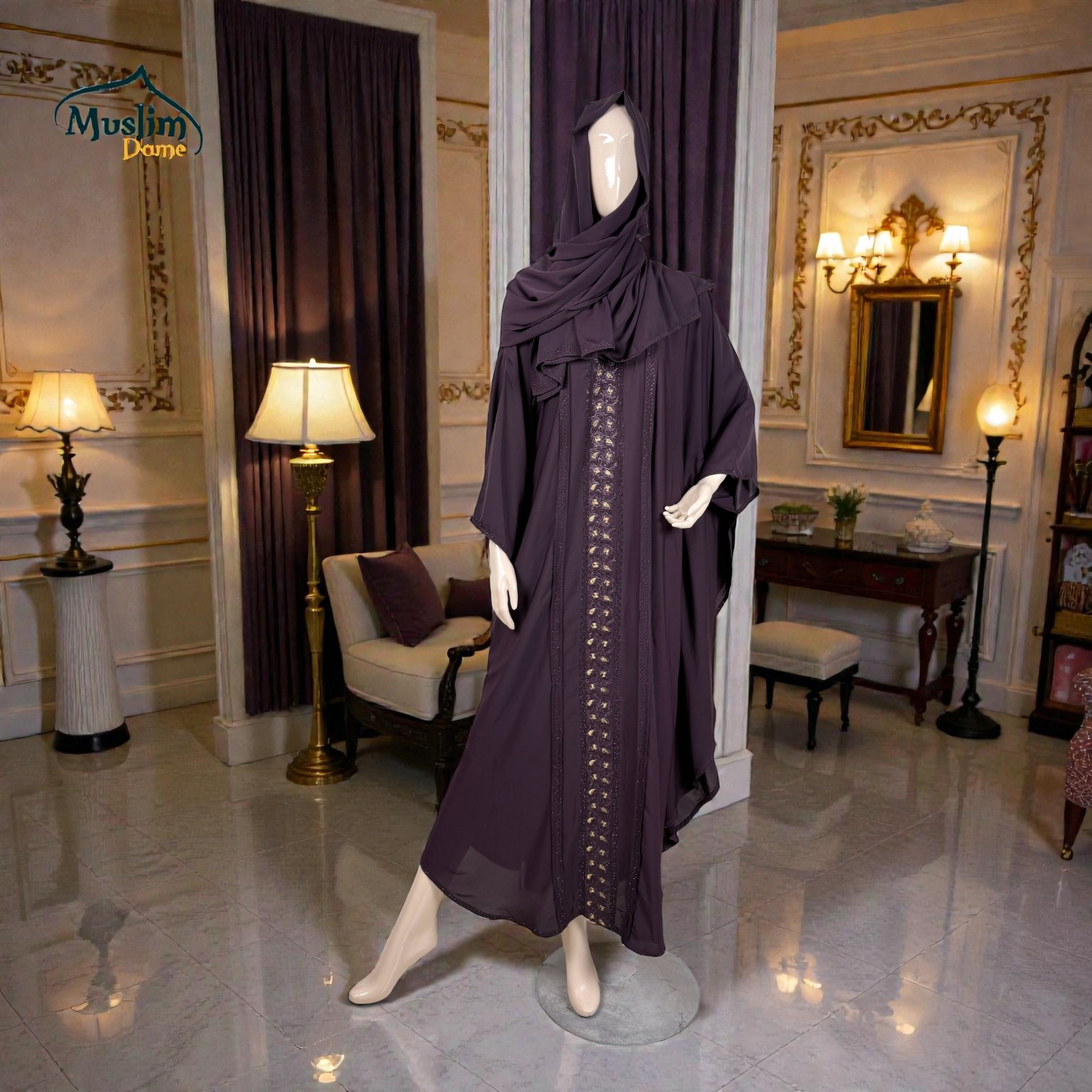 প্রিমিয়াম Abaya | With Scarf – Dubai Cherry Fabric, Regulate Fit | Embroidery & Stone Design | Dark Purple  thumbnail 2