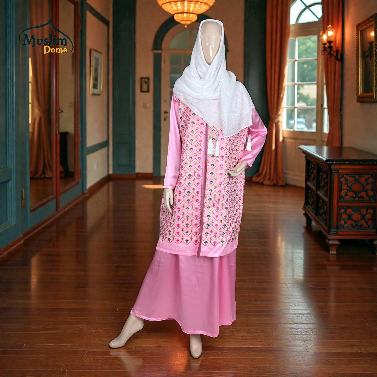 লং ড্রেস with Sleeveless Koti | Samu Silk Long Dress | Remi Cotton Koti | Multicolor Embroidery & Sequence | Front Side Open | Pink | Free Size