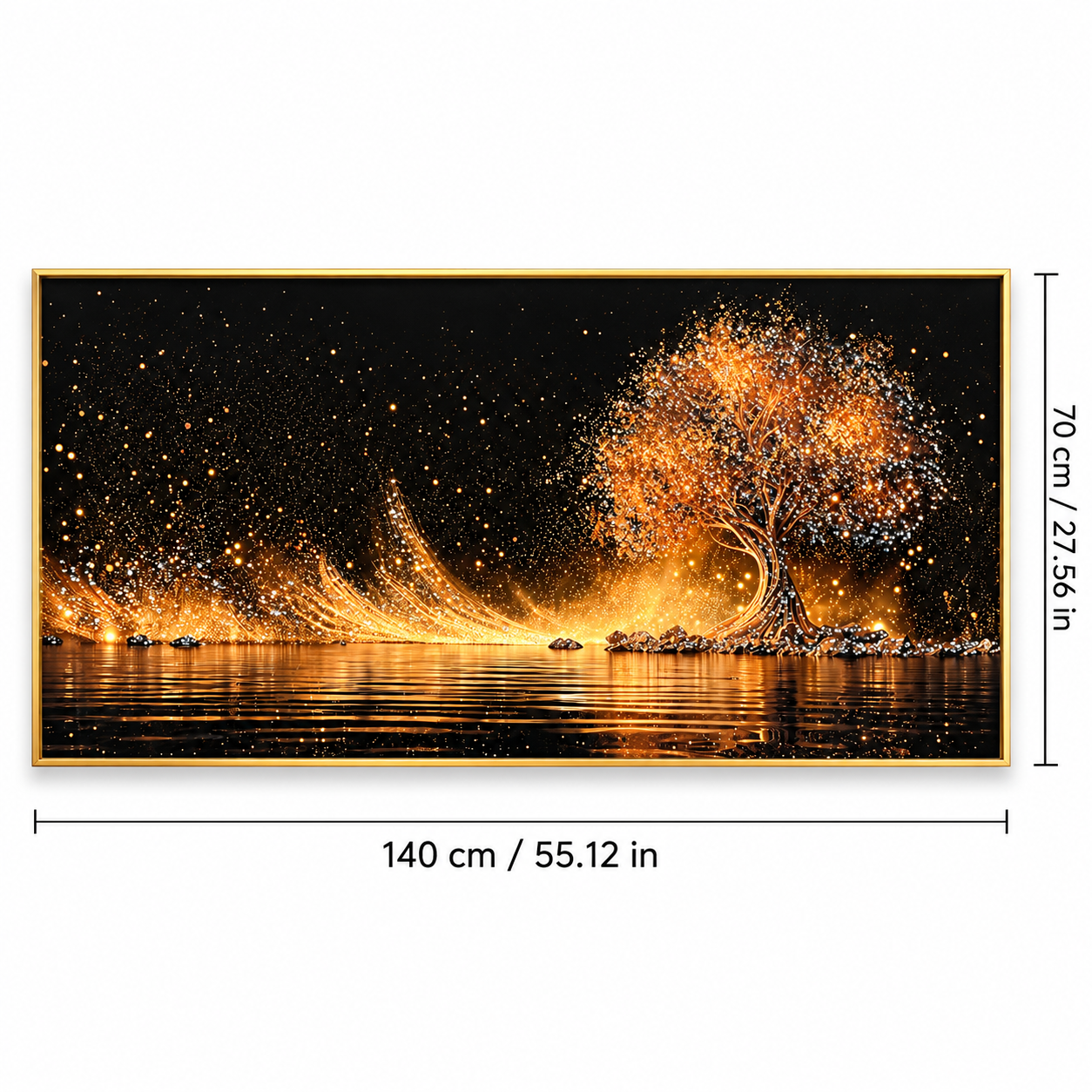 Golden Glowing Tree & Water Reflection Wall Art – Premium Crystal Acrylic Wall Frame | 55.12" × 27.56" thumbnail 2