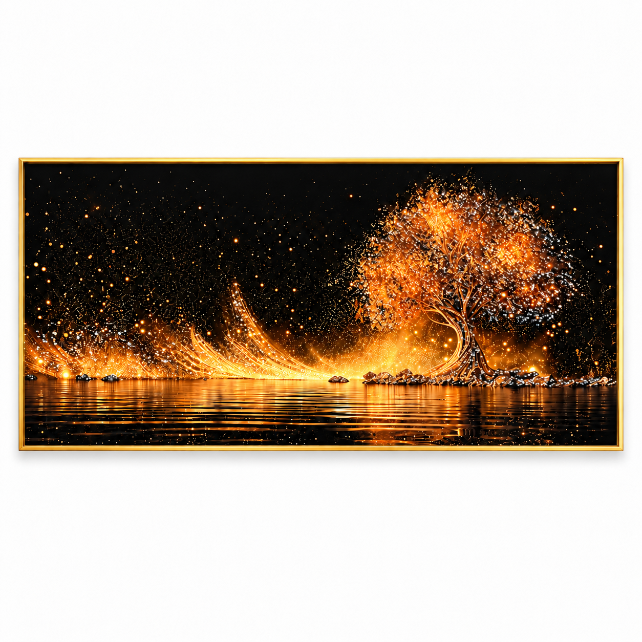Golden Glowing Tree & Water Reflection Wall Art – Premium Crystal Acrylic Wall Frame | 55.12" × 27.56"