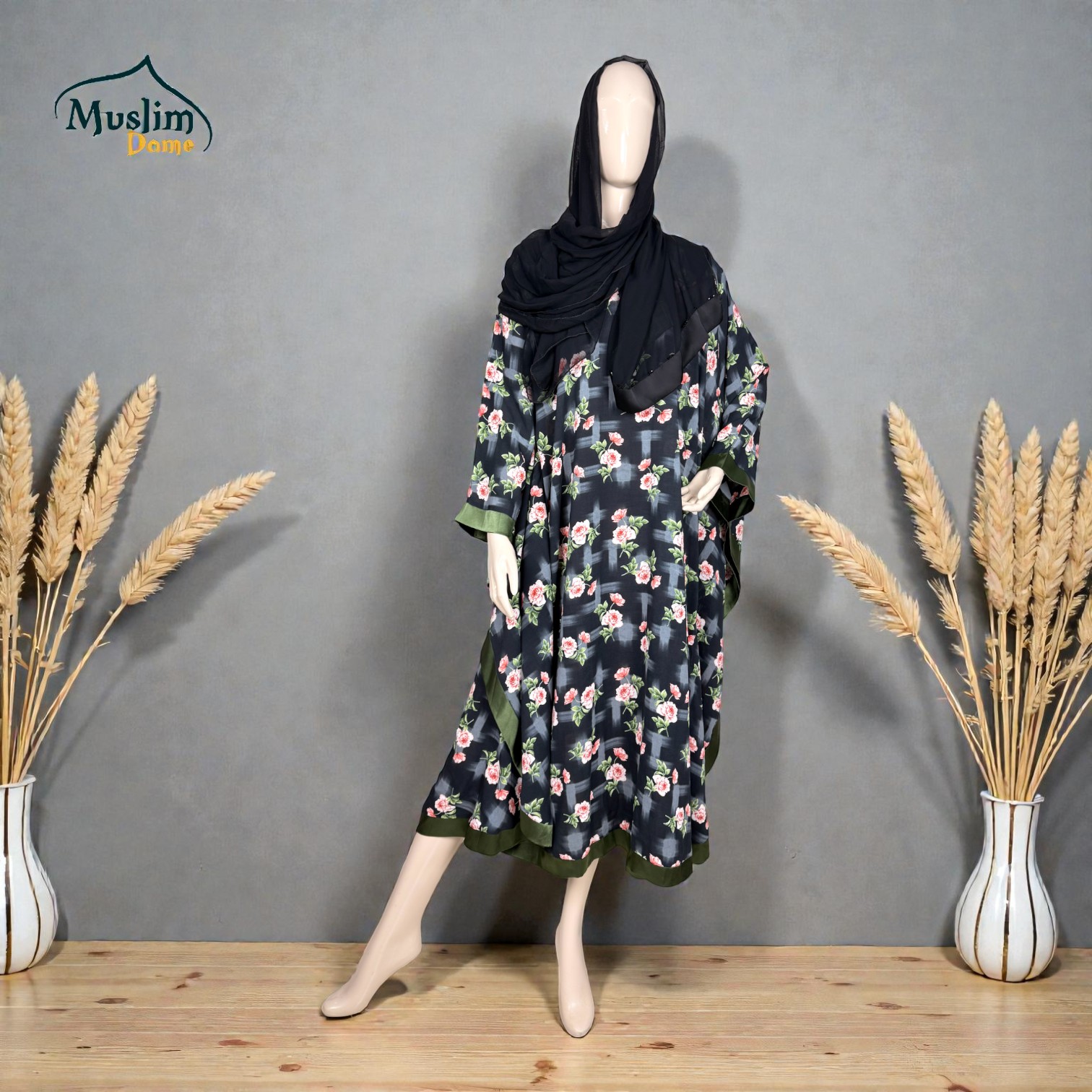 লং আবায়া Floral Print | Long Abaya | Elegant Floral Design | Size 50, 52, 54, 56 | Color: Black, Biscuit thumbnail 2