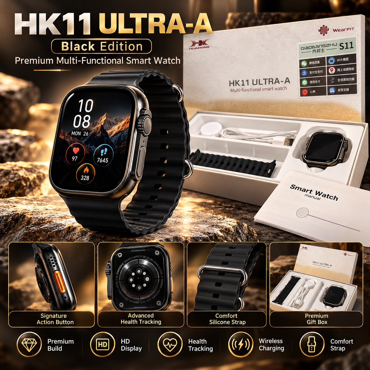 HK11 ULTRA-A Smart Watch – Bluetooth Calling, Health Monitoring & Wireless Charging | 2 Colors thumbnail 2
