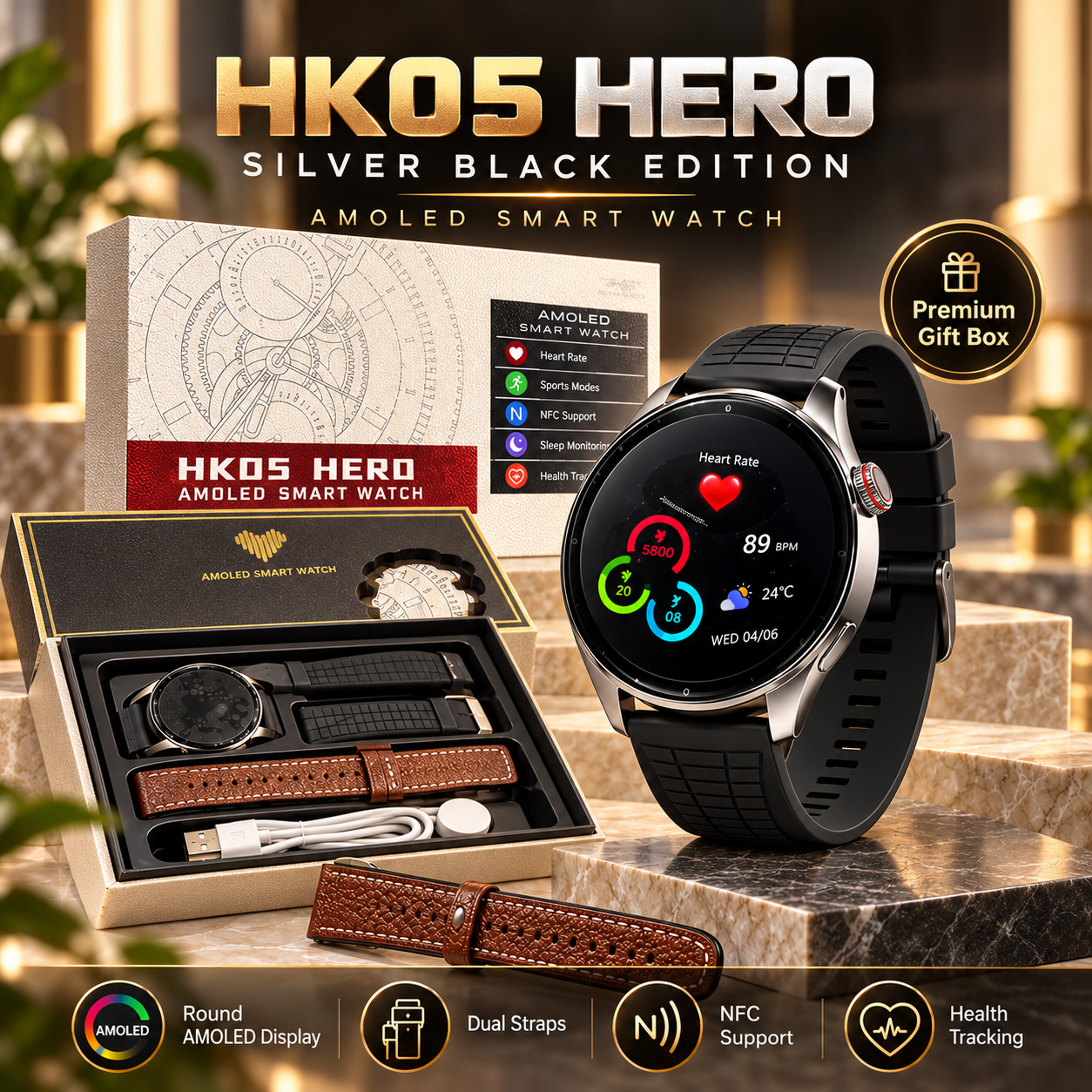 HK05 HERO AMOLED Smart Watch – NFC, AI Voice & Dual Strap | 2 Colors thumbnail 2