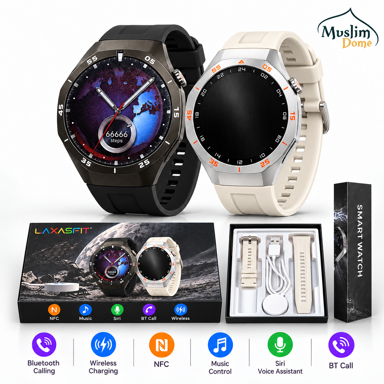 LAXASFIT Premium Round Smart Watch – Bluetooth Call, NFC, Siri & Health Monitoring | 2 Colors