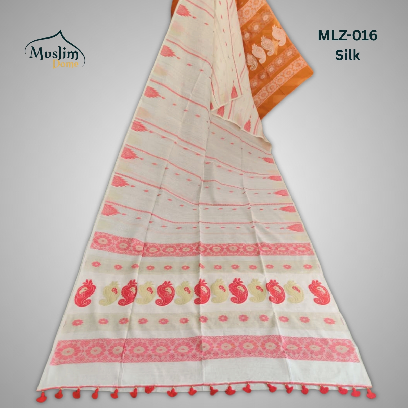 মার্সলাইজ সিল্ক জামদানী শাড়ি ব্লাউজ পিস ও Tassel সহ thumbnail 12