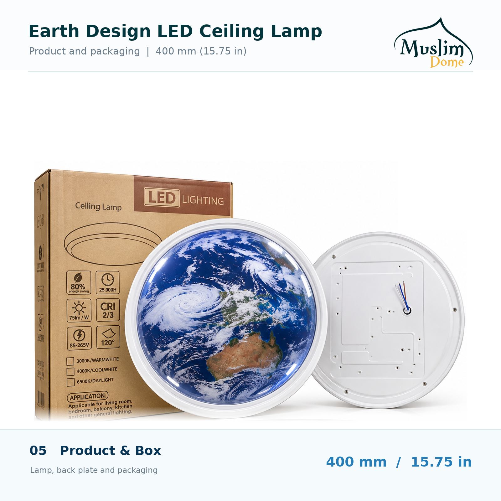 Earth Design LED Ceiling Light – 3 Color Changing Decorative Lamp | 400 mm | 250W thumbnail 2
