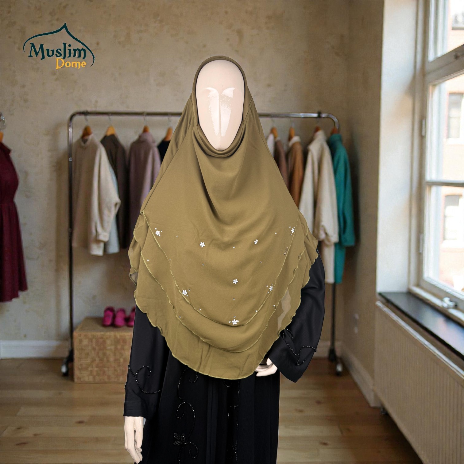 থ্রি লেয়ার রেডি হিজাব | 3 Layer Ready Hijab – Star Stone Design | Full Coverage | Malaysian Imported