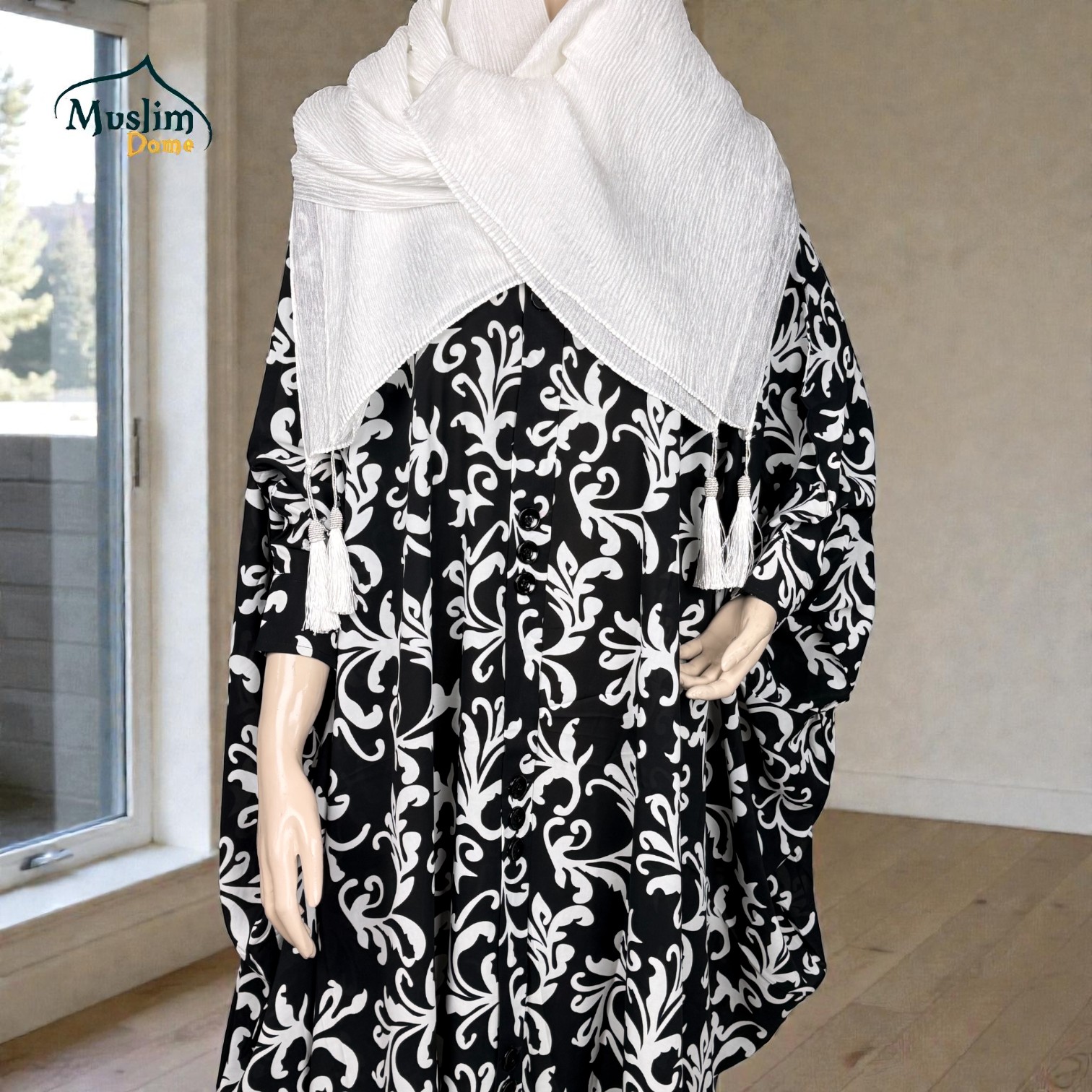 Short Abaya – Black & White Print | প্রিমিয়াম Dubai Cherry Fabric | Free Size | Stylish Modest Wear thumbnail 5