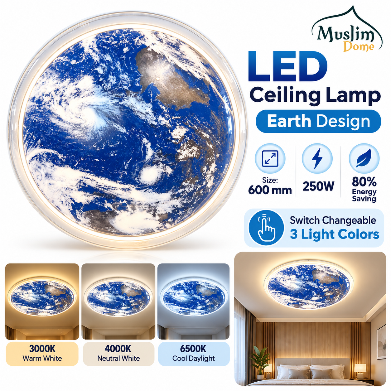Earth Design 3-Color LED Ceiling Light – Decorative Globe Ceiling Lamp | 600 mm / 23.62"