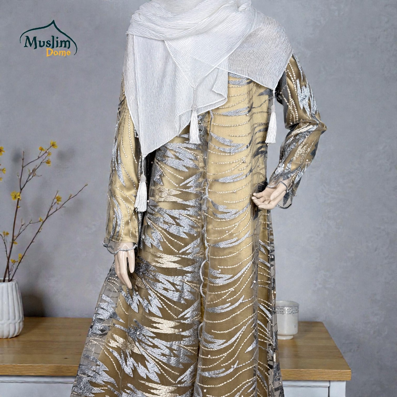 লং ড্রেস উইথ কটি | Long Dress with Net Koti – Golden & Ash Embroidery | Samu Silk Fabric thumbnail 2