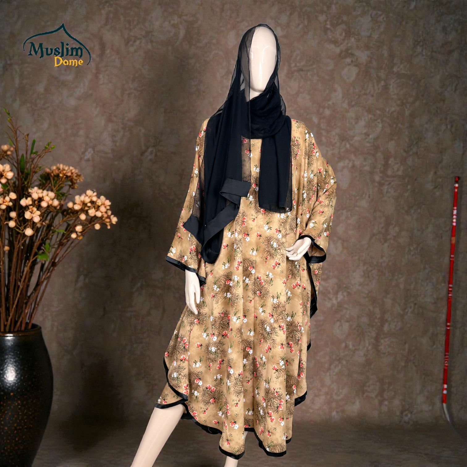 লং আবায়া Floral Print | Long Abaya | Elegant Floral Design | Size 50, 52, 54, 56 | Color: Black, Biscuit