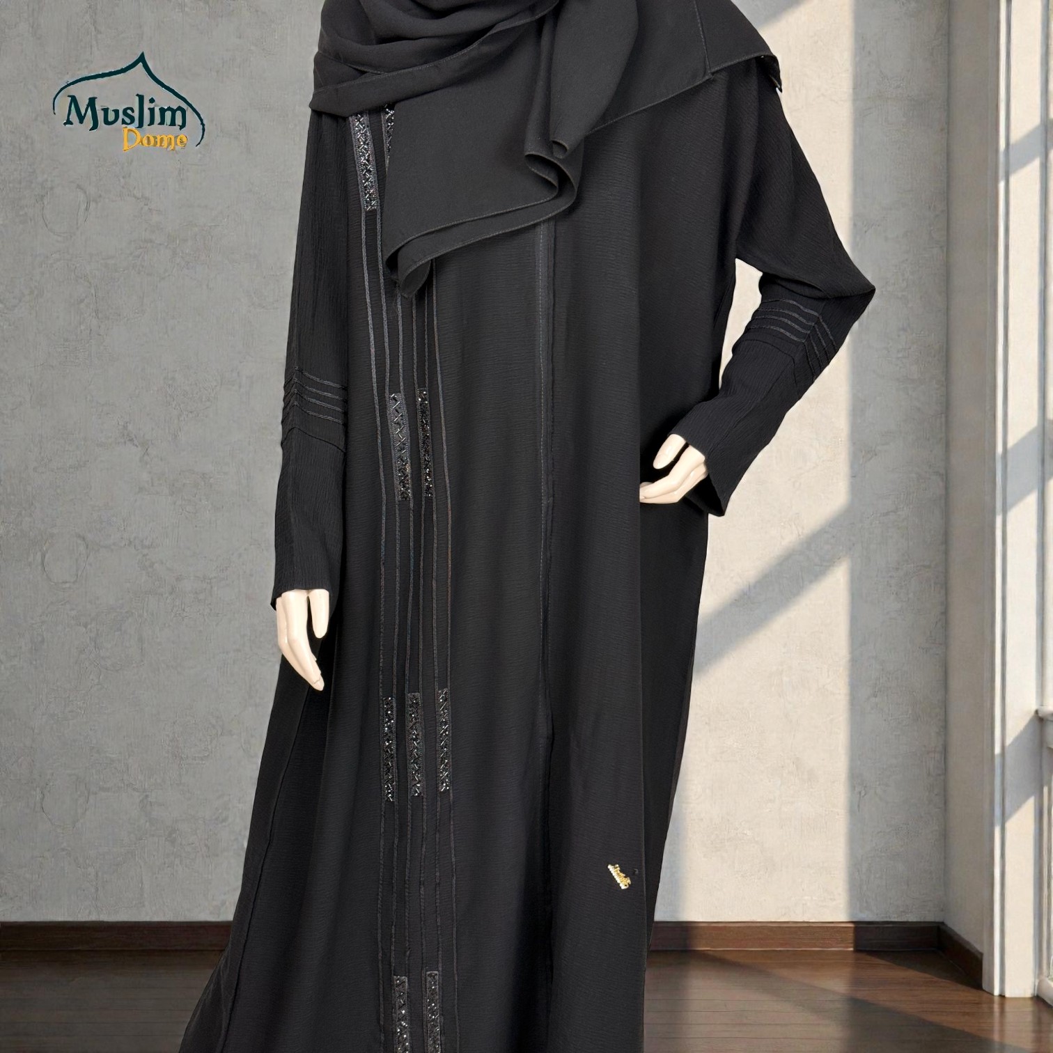 প্রিমিয়াম Arabian বোরখা with Scarf | Imported Joom Fabric | Stone & Piping Design | 2-in-1 Koti/Borkha | Free Size | Black thumbnail 2