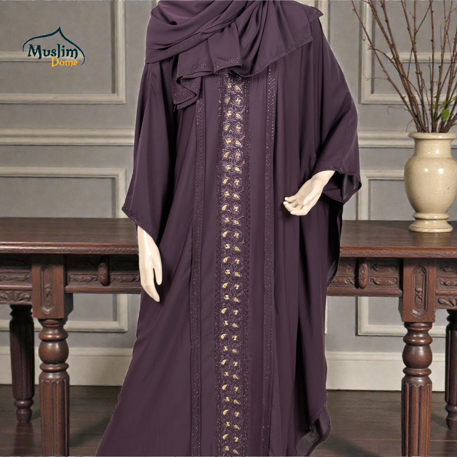 প্রিমিয়াম Abaya | With Scarf – Dubai Cherry Fabric, Regulate Fit | Embroidery & Stone Design | Dark Purple 