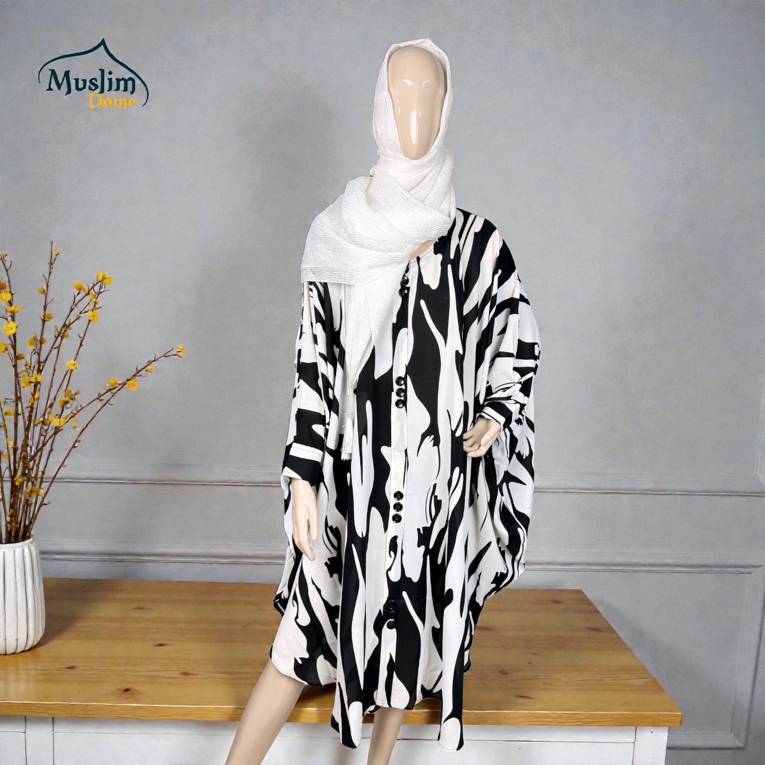 Short Abaya – Black & White Print | প্রিমিয়াম Dubai Cherry Fabric | Free Size | Stylish Modest Wear thumbnail 4