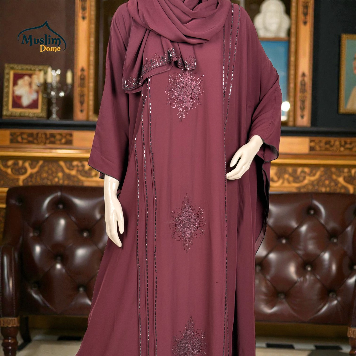প্রিমিয়াম Abaya | With Scarf – Dubai Cherry Fabric, Regulate Fit | Embroidery & Stone Design thumbnail 2