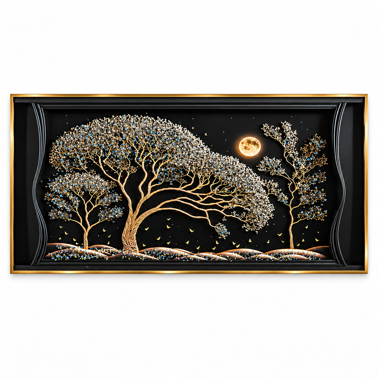 Golden Tree & Moon Wall Art – Premium Crystal Acrylic Wall Frame | 48" × 24"