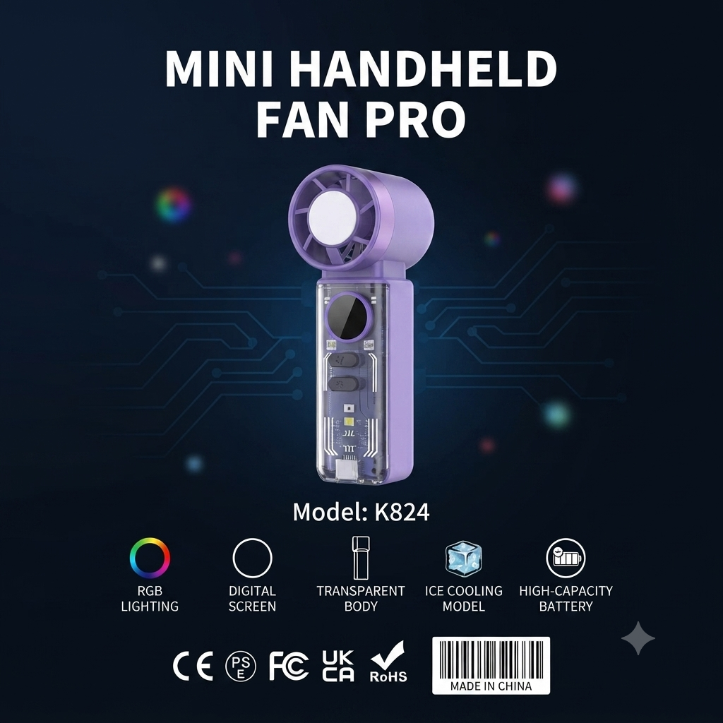 K824 Mini Turbo Handheld Fan Pro | Portable Rechargeable Turbo Fan with Digital Display