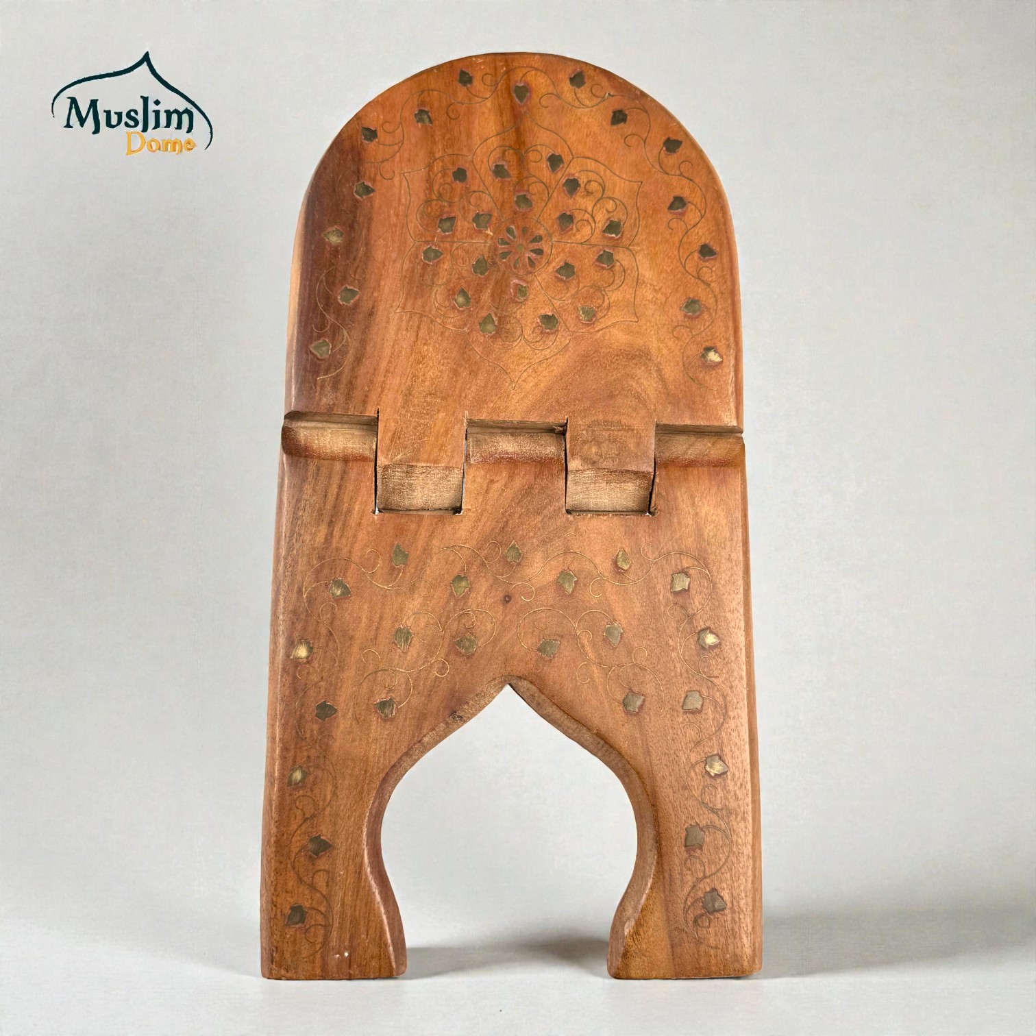 Rehal with Metallic Design (কাঠের রেহাল) – Round Shape। Small Size – Foldable Quran Reading Stand | Mahogany Wood thumbnail 2