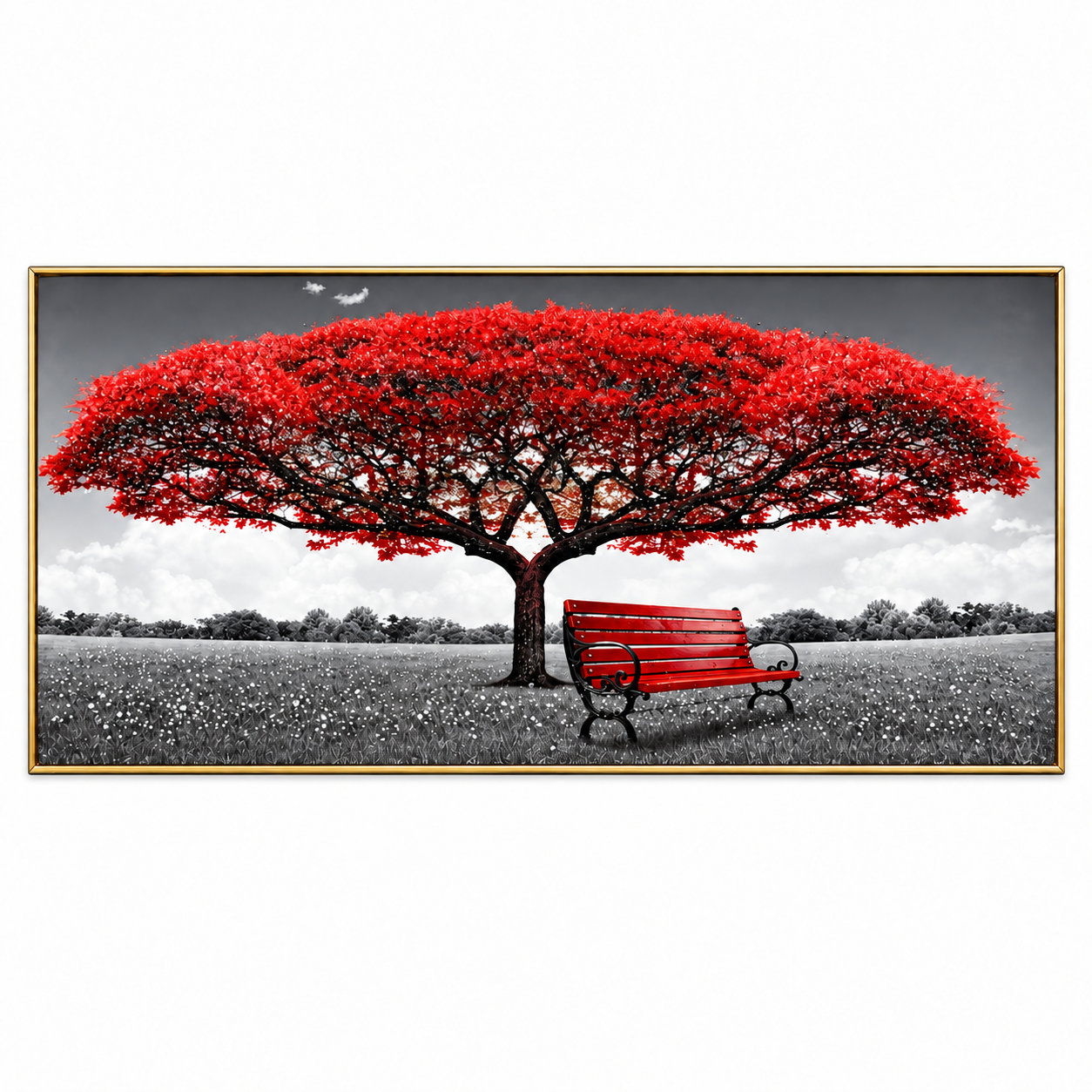 Red Tree & Bench Wall Art â Premium Crystal Acrylic Wall Frame | 48" Ã 24"
