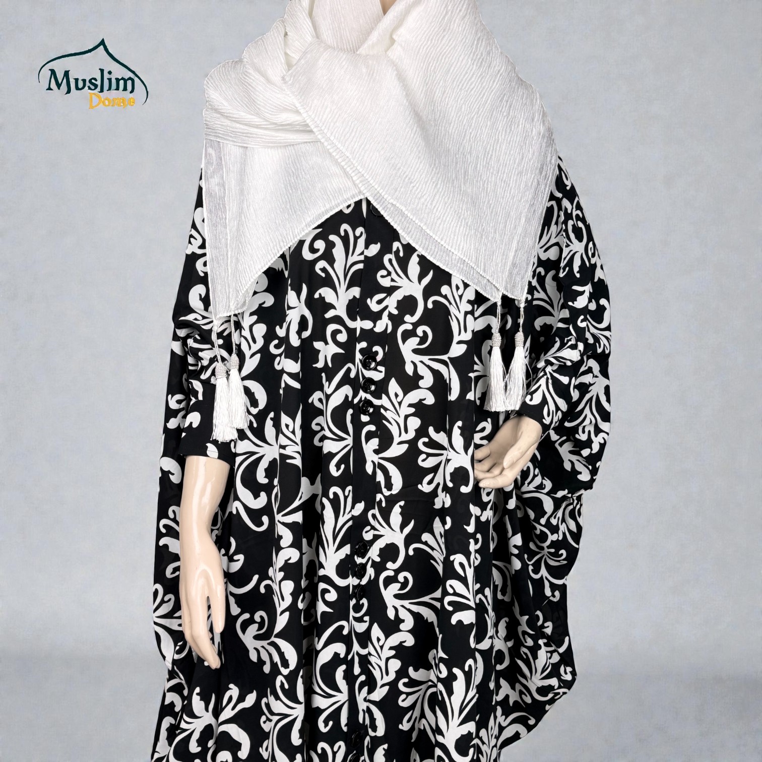 Short Abaya – Black & White Print | প্রিমিয়াম Dubai Cherry Fabric | Free Size | Stylish Modest Wear