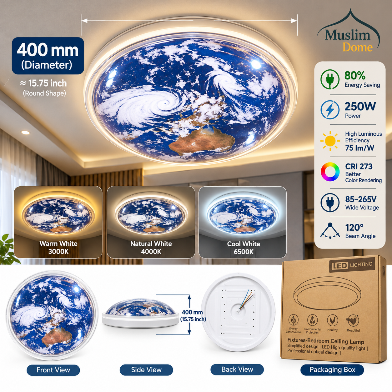 Earth Design LED Ceiling Light – 3 Color Changing Decorative Lamp | 300 mm | 250W