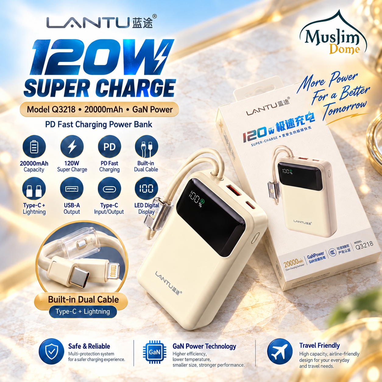 LANTU Q3218 20000mAh Power Bank – 120W Super Charge, GaN & Built-in Dual Cable thumbnail 2