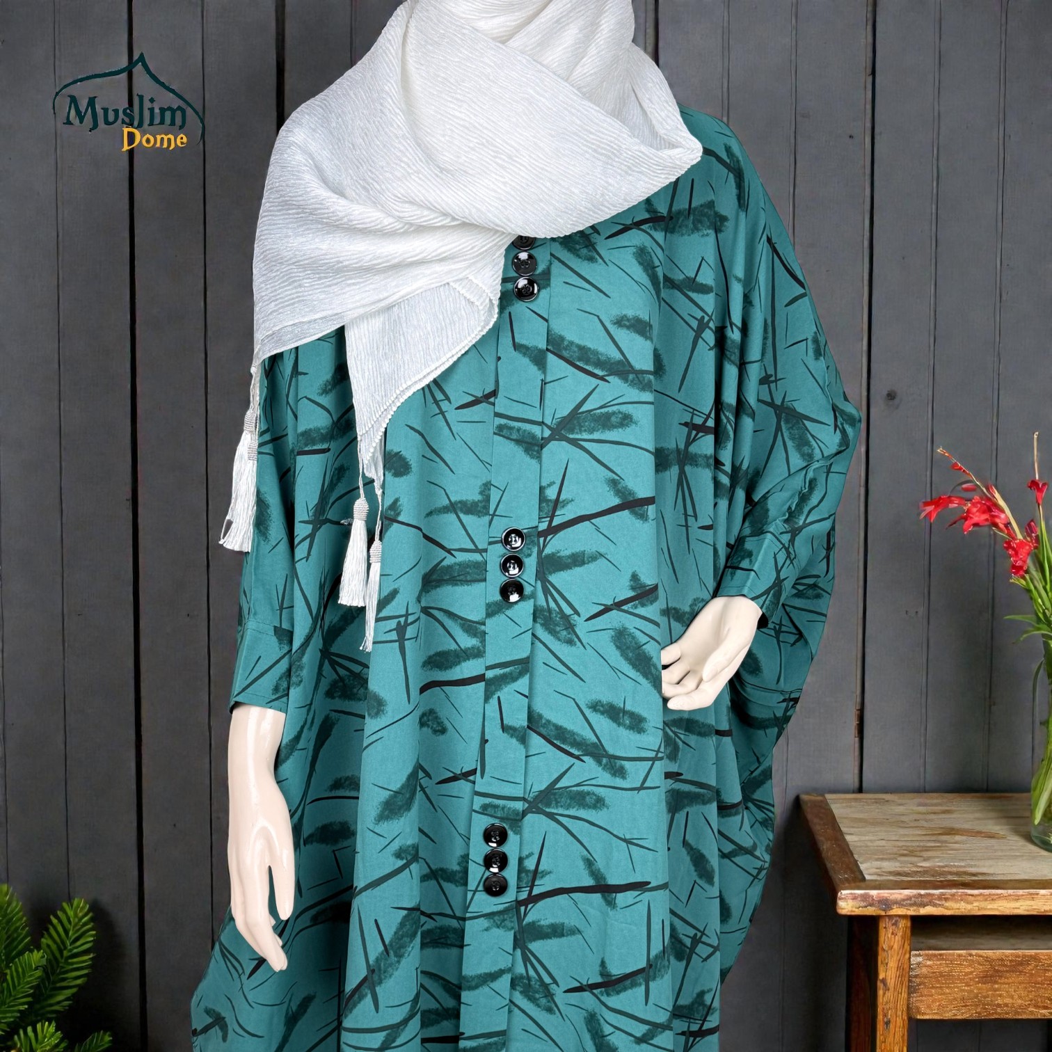 Short Abaya – Leaf Print | প্রিমিয়াম Dubai Cherry Fabric | Free Size | Multi Color | Hand Cuff with Adjustable Button thumbnail 2