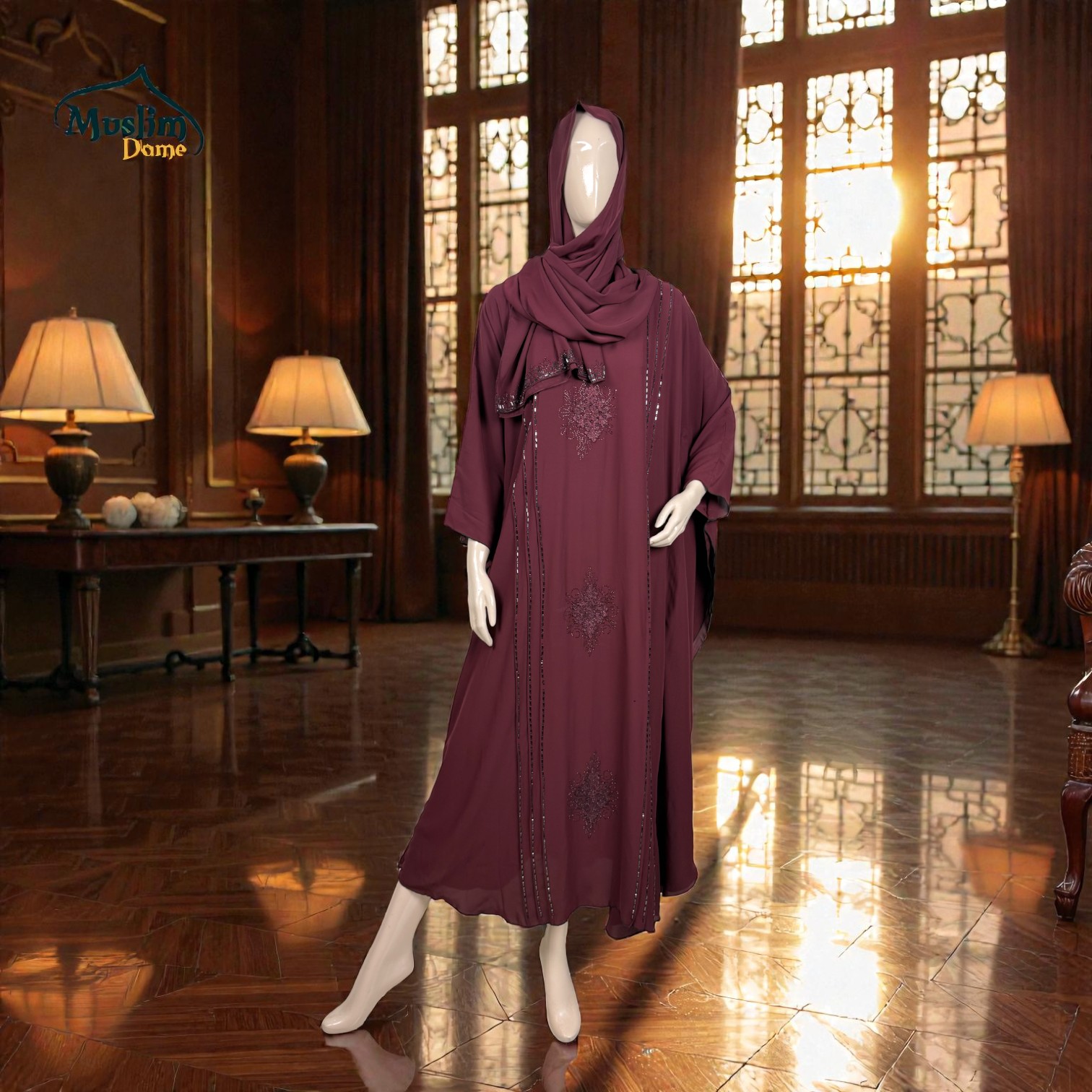প্রিমিয়াম Abaya | With Scarf – Dubai Cherry Fabric, Regulate Fit | Embroidery & Stone Design