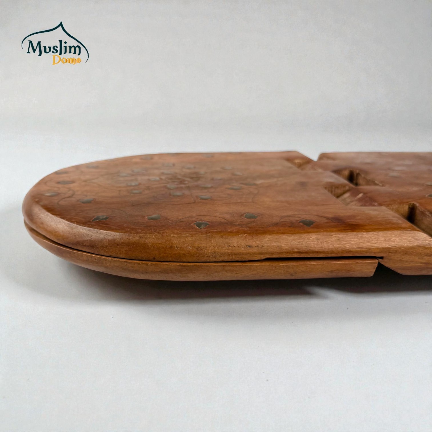 Rehal with Metallic Design (কাঠের রেহাল) – Round Shape। Small Size – Foldable Quran Reading Stand | Mahogany Wood thumbnail 3