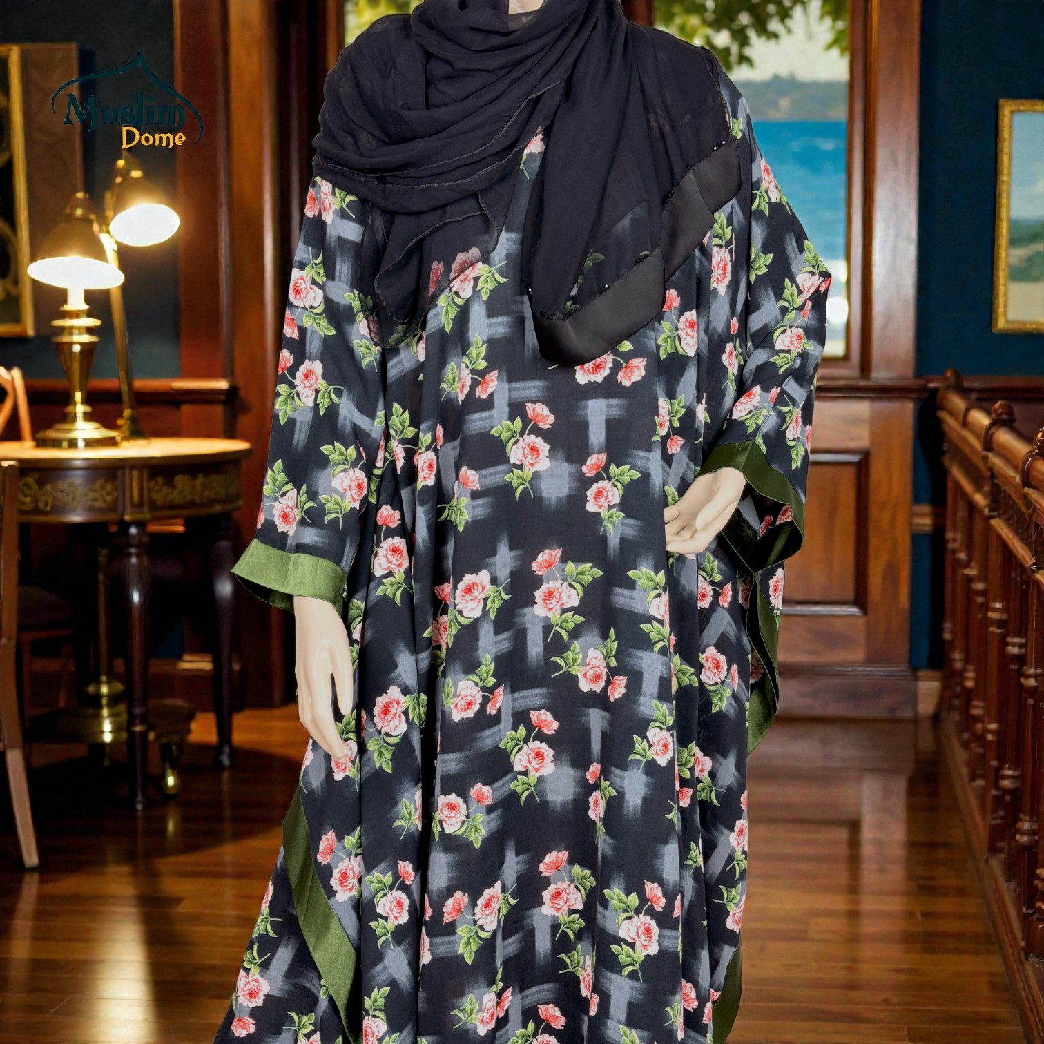 লং আবায়া Floral Print | Long Abaya | Elegant Floral Design | Size 50, 52, 54, 56 | Color: Black, Biscuit thumbnail 3